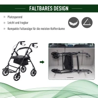 HOMCOM Rollator mit Stuhl, Faltbarer Gehwagen, Gehhilfe, Mobilität, mit Stauraum, mit Bremse, 4-stufig verstellbare Griffe, Leichtgewicht, Metall Schwarz 57,5 x 87 x 82-90 cm(m-8)