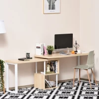 HOMCOM Eckschreibtisch Küchentisch L-Formen Schreibtisch mit Ablagen Winkelschreibtisch PC-Tisch Computertisch Bürotisch360° drehbar MDF Eisen Weiß+Eiche 220 x 55 x 76 cm(m-2)