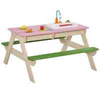 Outsunny 2-in-1 Kinder Campingtisch mit 2 Sitzbänke Matschküche Spieltisch mit Wasserhahn Holz Spieltisch für Kinder 3-7 Jahren Fichte PP-Kunststoff 94 x 89 x 50,5 cm(m-1)