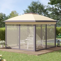 Outsunny 3.3 x 3.3m Pop Up Gazebo, Double Roof Foldable Canopy Tent with Zipped Mesh Sidewalls, Height Adjustable and Carrying Bag, Event Tent for Patio Garden, Beige(m-1)