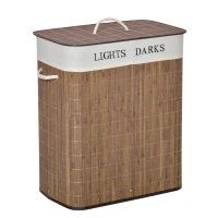 HOMCOM 100L kosz na pranie pojemnik na pranie organizator na pranie z 3 uchwytami wyjmowany bambus poliester bawełna metal brązowy + biały 52 x 32 x 63 cm(m-1)