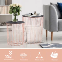 HOMCOM bijzettafel met opbergruimte 2-delige set metalen korf met houten afdekplaat nachtkastje roze goud Ø 40,7 x 49,5 cm Ø 33,8 x 40,8 cm(m-6)