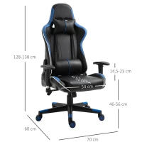 Vinsetto Gaming Stuhl mit Liegefunktion Bürostuhl Schreibtischstuhl mit Kopfstütze und Lendenkissen Griff verstellbar PVC Leder Blau+Schwarz 70 x 60 x 128-138 cm(m-3)