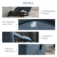 HOMCOM Aufstehsessel Fernsehsessel mit Aufstehhilfe elektrisch Liegefunktion Leinen-Touch Stahl Blau 85 x 89,5 x 105 cm(m-4)