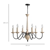 HOMCOM Kronleuchter Hängelampe 6-flammig Pendelleuchte mit Glas königlich traditionell klassisch mit 6 Armen, Stahl, Schwarz+Holzfarbe, 60x60x105 cm(m-3)