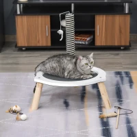 Pawhut Katzenbett, Katzen Bettchen Gross, Katzenfangpfosten und Spielzeug-Maus, MDF, Tannenholz, Oxford-Tuch, Sisal, Weiß+Grau+Natur, 56x56x62,5 cm(m-2)