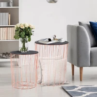 HOMCOM bijzettafel met opbergruimte 2-delige set metalen korf met houten afdekplaat nachtkastje roze goud Ø 40,7 x 49,5 cm Ø 33,8 x 40,8 cm(m-2)