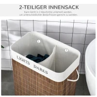 HOMCOM 100L kosz na pranie pojemnik na pranie organizator na pranie z 3 uchwytami wyjmowany bambus poliester bawełna metal brązowy + biały 52 x 32 x 63 cm(m-6)