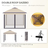 Outsunny 3.3 x 3.3m Pop Up Gazebo, Double Roof Foldable Canopy Tent with Zipped Mesh Sidewalls, Height Adjustable and Carrying Bag, Event Tent for Patio Garden, Beige(m-4)