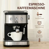 HOMCOM Espressomaschine Kaffeemaschine aus Edelstahl Siebträgermaschine mit Milchschäumer 1,5L Wassertank 15 Bar für Espresso Cappuccino Latte Milchkaffee 850 W(m-4)