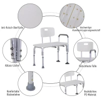 HOMCOM Duschstuhl mit Griff und Rückenlehne, Rutschfester Badehocker, Höhenverstellbarer Badestuhl, Duschhocker, Alu-Legierung, Weiß(m-7)