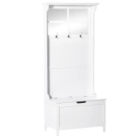 HOMCOM moderner Garderobenständer mit Bank Spiegel Kleiderbügel mit 3 Haken Aufbewahrungsschrank für Flur Schlafzimmer Wohnzimmer Weiß MDF 81 x 44,5 x 181 cm(m-1)
