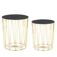 HOMCOM Beistelltisch mit Stauraum, 2er Set, Metall Korb mit Holzdeckel, Nachttisch, Gold, Ø40,7 x 49,5 cm, Ø33,8 x 40,8 cm(m-1)