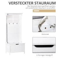 HOMCOM moderner Garderobenständer mit Bank Spiegel Kleiderbügel mit 3 Haken Aufbewahrungsschrank für Flur Schlafzimmer Wohnzimmer Weiß MDF 81 x 44,5 x 181 cm(m-6)