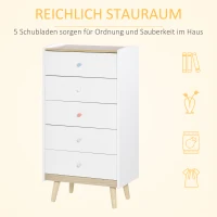 HOMCOM Kinder Kommode mit 5 Schubladen Griff Schubladenschrank für Kinder ab 3 Jahren Kinderschrank mit Antikippvorrichtung Kiefer MDF Weiß 55 x 36 x 108 cm(m-4)