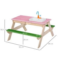 Outsunny 2-in-1 Kinder Campingtisch mit 2 Sitzbänke Matschküche Spieltisch mit Wasserhahn Holz Spieltisch für Kinder 3-7 Jahren Fichte PP-Kunststoff 94 x 89 x 50,5 cm(m-3)