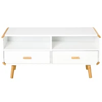 HOMCOM Meuble TV Bas sur Pieds Style scandinave 2 niches 2 tiroirs MDF Blanc Bois Massif Bambou(m-9)