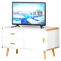 HOMCOM Meuble TV Bas sur Pieds Style scandinave 2 tiroirs et Placard MDF Blanc Bois Massif Bambou(m-10)