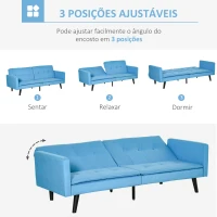 HOMCOM Sofá Cama de 3 Lugares Estofado em Tecido com Encosto Ajustável em 3 Posições e Pés de Madeira Sofá Moderno para Sala de Estar Escritório 198x81x81cm Azul(m-5)