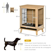 PawHut Cage pour chien cage pour animaux sur pied style meuble plateau amovible porte verrouillable structure en acier et bois 64L x 48l x 83H cm chêne(m-3)