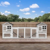 PawHut 2 in 1 Rabbit Hutch Outdoor, Double Main House Guinea Pig Hutch, Bunny Run, Wooden Small Animal House with Run Box, Slide-out Tray, Ramp, 259 x 64 x 92cm, Grey(m-10)