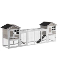 PawHut 2 in 1 Rabbit Hutch Outdoor, Double Main House Guinea Pig Hutch, Bunny Run, Wooden Small Animal House with Run Box, Slide-out Tray, Ramp, 259 x 64 x 92cm, Grey(m-1)