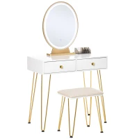 HOMCOM Dressing Table Set with LED Light, Round Mirror, Vanity Makeup Table with 2 Drawers and Cushioned Stool for Bedroom, White(m-1)