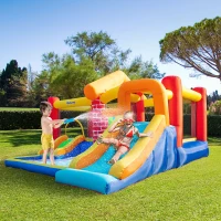 Outsunny Castelo Insuflável com 2 Escorregas 2 Trampolins e Piscina para Crianças acima de 3 Anos Inclui Inflador e Bolsa de Transporte para Interior Exterior 380x370x230cm Multicor(m-10)