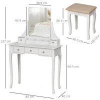 HOMCOM Dressing Table Set with Cushioned Stool, Makeup Vanity Dresser Desk with 5 Drawers for Bedroom, White(m-3)