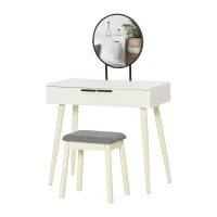 HOMCOM Dressing Table with Mirror and Stool, Vanity Makeup Desk Set with 2 Drawers, Cushioned Stool and Make-up Organizer for Bedroom and Dressing Room, White(m-14)