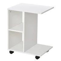 HOMCOM Mesa Auxiliar Moderna Mesa Auxiliar em Forma de C com Rodas e Prateleiras Abertas 45x35x58 cm Branca(m-1)
