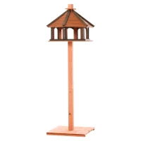 Outsunny Casa para Pássaros de Pé de Madeira Maciça Ø52x130cm com Teto Comedouro para Aves Silvestres para Exterior Jardim Natural(m-10)