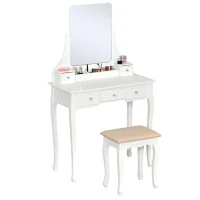 HOMCOM Dressing Table Set with Cushioned Stool, Makeup Vanity Dresser Desk with 5 Drawers for Bedroom, White(m-2)