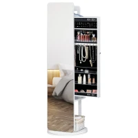 HOMCOM Full Length Mirror with Jewelry Cabinet, Hanging Cloth Bar, Coat Rack, 360° Rotate Floor Mirror for Bedroom, Living Room, White(m-11)