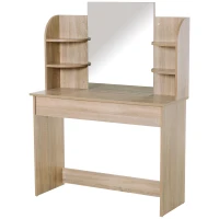 HOMCOM Modern Dressing Table Writing Desk W/ Mirror, Big Drawers, 2-Tier Open Shelf For Home Bedroom Natural(m-1)