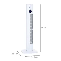 HOMCOM Ventoinha de Coluna 45W Silencioso com Controle Remoto 3 Velocidades 3 Modos Oscilação 70° Tela LED Tátil Temporizador 12h e Caixa de Aromas 31,5x31,5x96cm Branco(m-3)