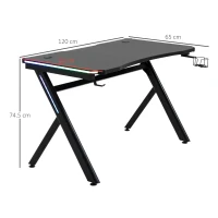 HOMCOM RGB Gaming Desk Computer Table Metal Frame with LED Light, Cup Holder, Headphone Hook, Cable Hole, Black(m-3)
