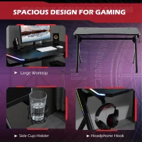 HOMCOM RGB Gaming Desk Computer Table Metal Frame with LED Light, Cup Holder, Headphone Hook, Cable Hole, Black(m-4)