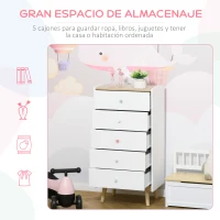 HOMCOM Cómoda Infantil de Madera Cajonera con 5 Cajones para Niños Almacenaje Libros Ropa Juguetes para Dormitorio Habitación de los Niños Sala de Juegos 55x36x108 cm Blanco(m-4)
