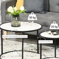 HOMCOM Conjunto de 2 Mesas Auxiliares Redondas Empilháveis Mesa de Centro Modernas com Bancada em Efeito de Mármore e Estrutura de Aço Ø60x46cm e Ø40x40cm Branco(m-5)