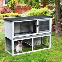 PawHut Small Animal Two-Level Fir Wood Guinea Pigs Hutches Bunny Cage w/ Slide Out Tray Grey(m-10)