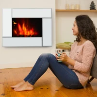 HOMCOM 1800W Wall Mounted Electric Fireplace Heater 7 Coloured LED Light Fire Glass Screen with Pebble Effect & Remote Control(m-9)