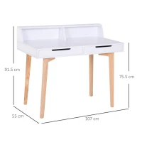 HOMCOM Retro Style Computer Desk Side Console Writing Table Study Workstation 2 Drawers Storage Shelves Home Office Furniture Wood Leg White(m-3)