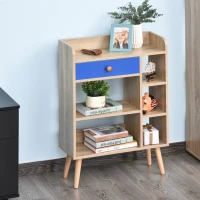 HOMCOM Multi-Shelf Modern Bookcase Freestanding Storage w/ Drawer 6 Shelves Wood Legs Home Office Display Furniture Stylish Oak Blue(m-10)
