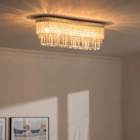 HOMCOM Modern Raindrop Crystal Chandelier, Round Rectangular hanging Ceiling Light, Linear Hanging Lighting with Stainless Steel Base, for Restaurant Kitchen Island Dining Room Hotel, Silver(m-7)