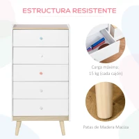 HOMCOM Cómoda Infantil de Madera Cajonera con 5 Cajones para Niños Almacenaje Libros Ropa Juguetes para Dormitorio Habitación de los Niños Sala de Juegos 55x36x108 cm Blanco(m-5)
