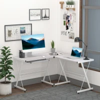 HOMCOM Office Gaming Desk L Shape Straight Corner Table Computer Work Station Laminated Sturdy w/ Keyboard Tray White(m-2)