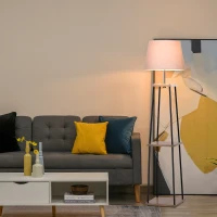 HOMCOM Metal Floor Lamp w/ 2-Tier Shelves Foot Switch Modern Stylish E27 Lampshade Base Functional Duo Design(m-10)