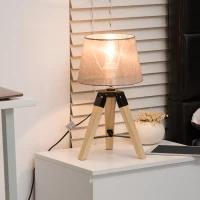 HOMCOM Wooden Tripod Table Lamp for Side, Desk or End Table with E27 Bulb Base（Grey Shade）(m-2)