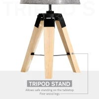 HOMCOM Wooden Tripod Table Lamp for Side, Desk or End Table with E27 Bulb Base（Grey Shade）(m-4)
